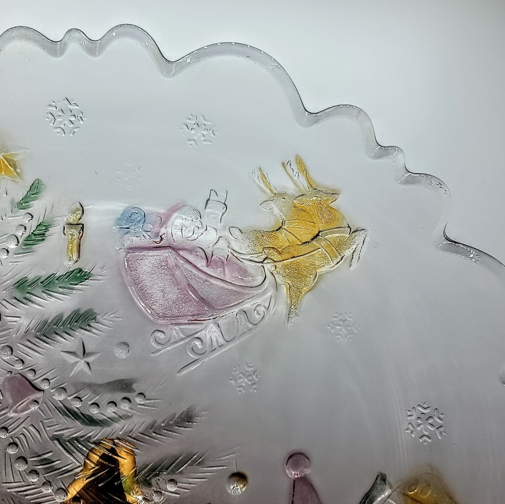 Share the Joy Christmas Glass Platter Santa Sleigh Teddy Bears 14" Caldor Vtg - Picture 2 of 10